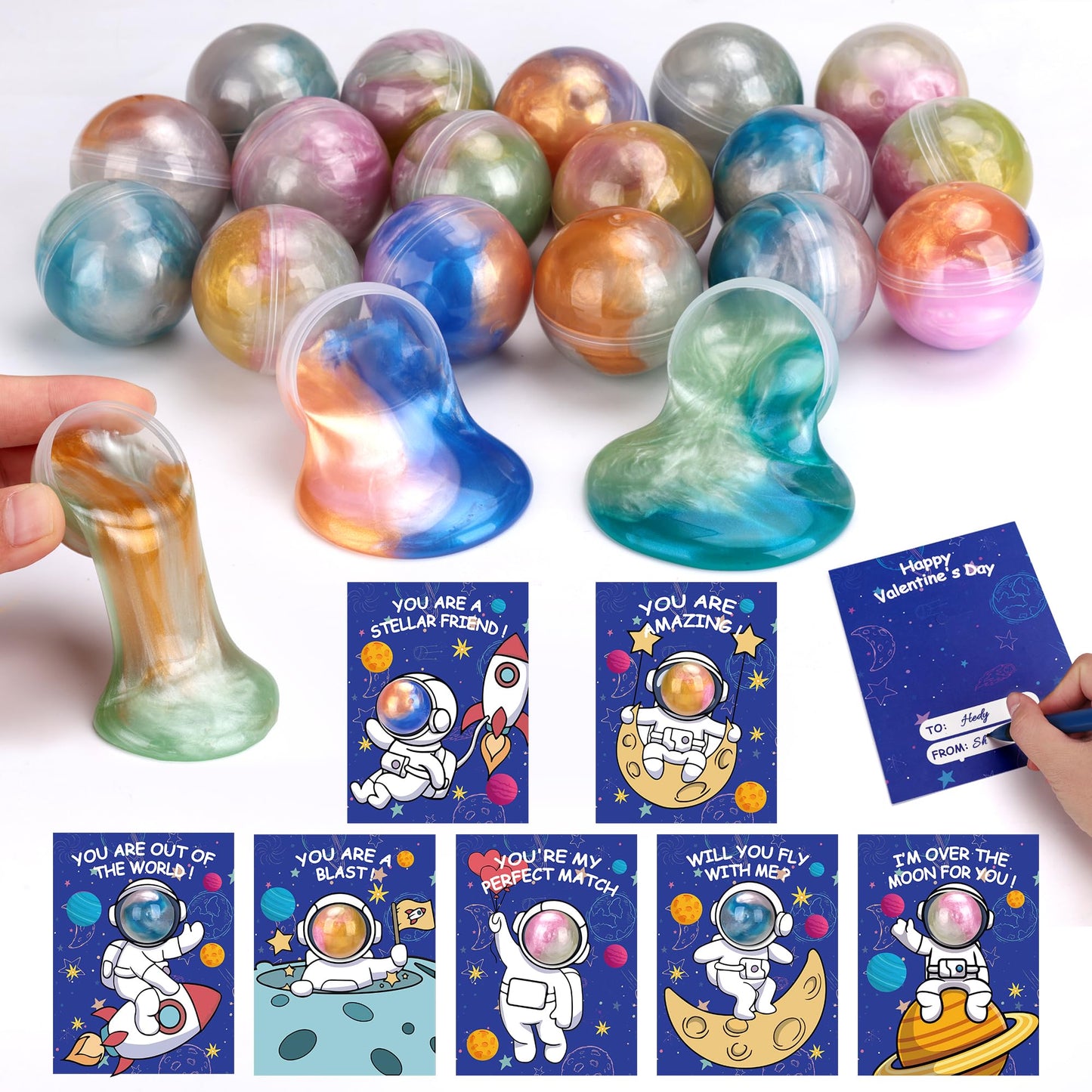 Budbof 28-Pack Galaxy Slime Valentines Gift Set for Kids – Space-Themed Cards & Fidget Toys