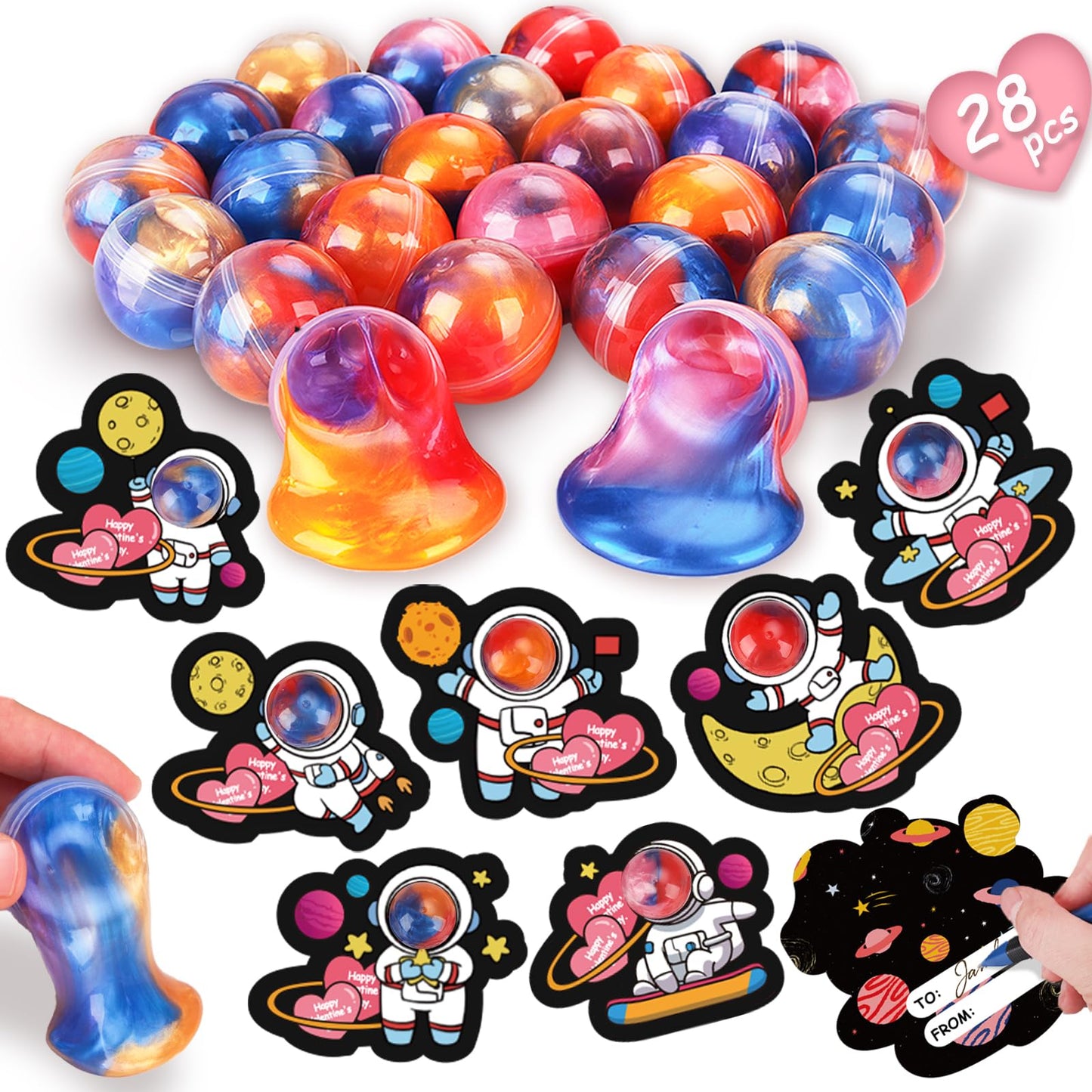 Budbof 28-Pack Valentines Galaxy Slime with Cards – Classroom Fidget Kit