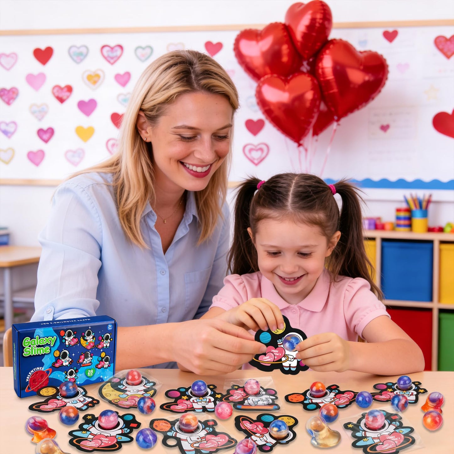 Budbof 28-Pack Valentines Galaxy Slime with Cards – Classroom Fidget Kit