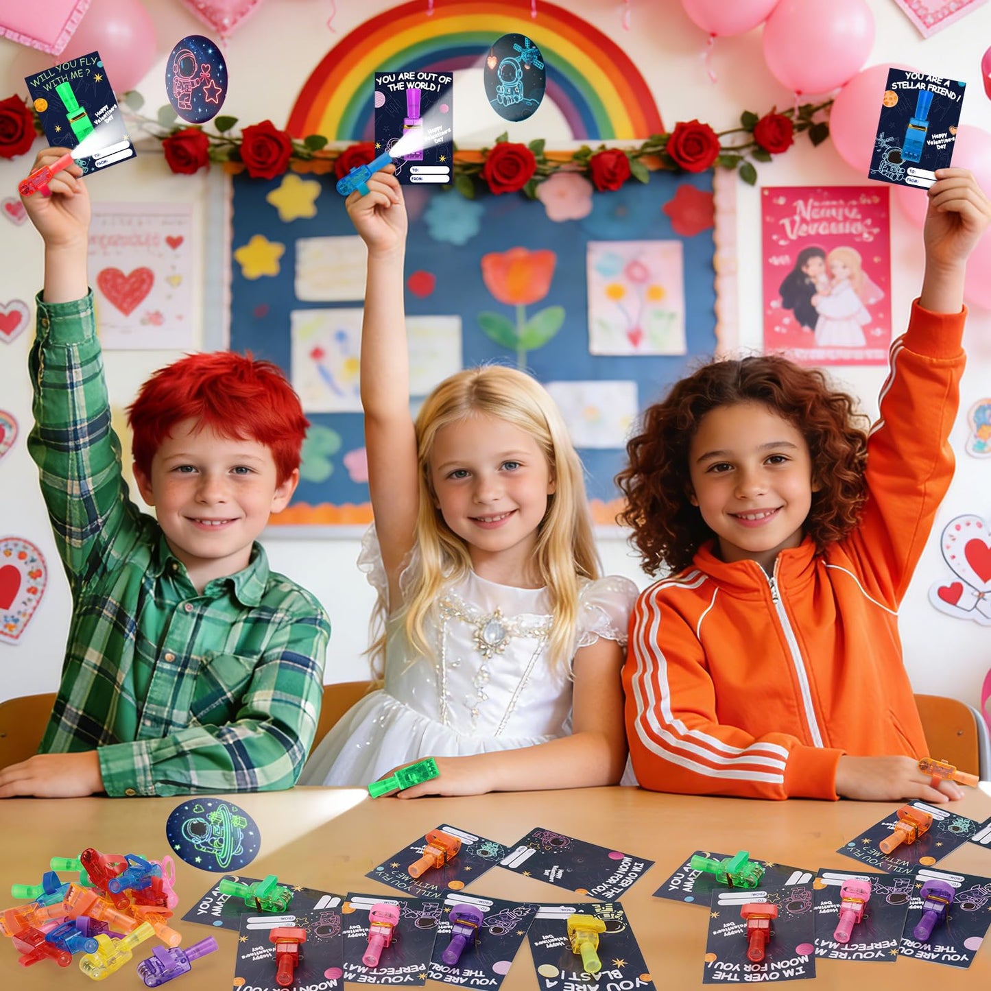 Budbof 28-Pack Valentines LED Finger Lights with Cards | Classroom Party Favors