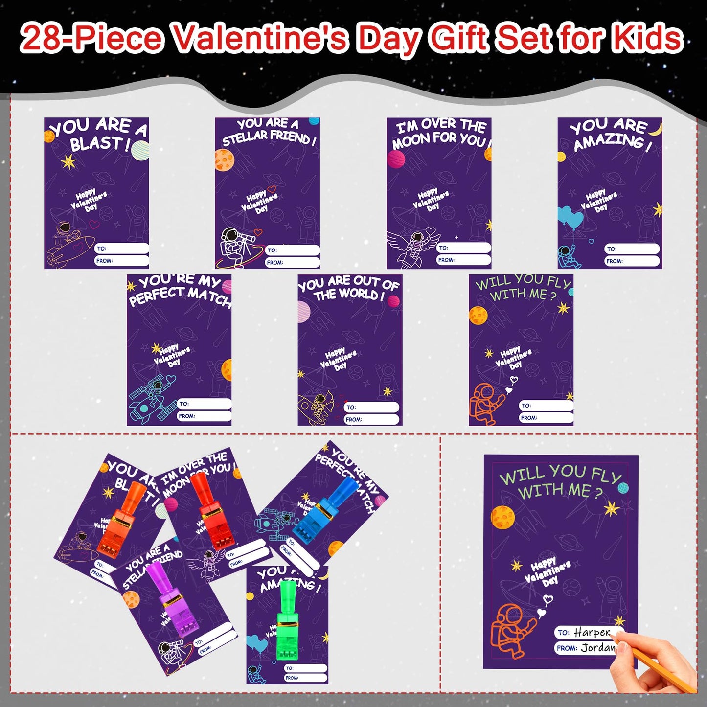 Budbof 28-Pack LED Finger Lights & Valentines Cards for Classroom Gifts