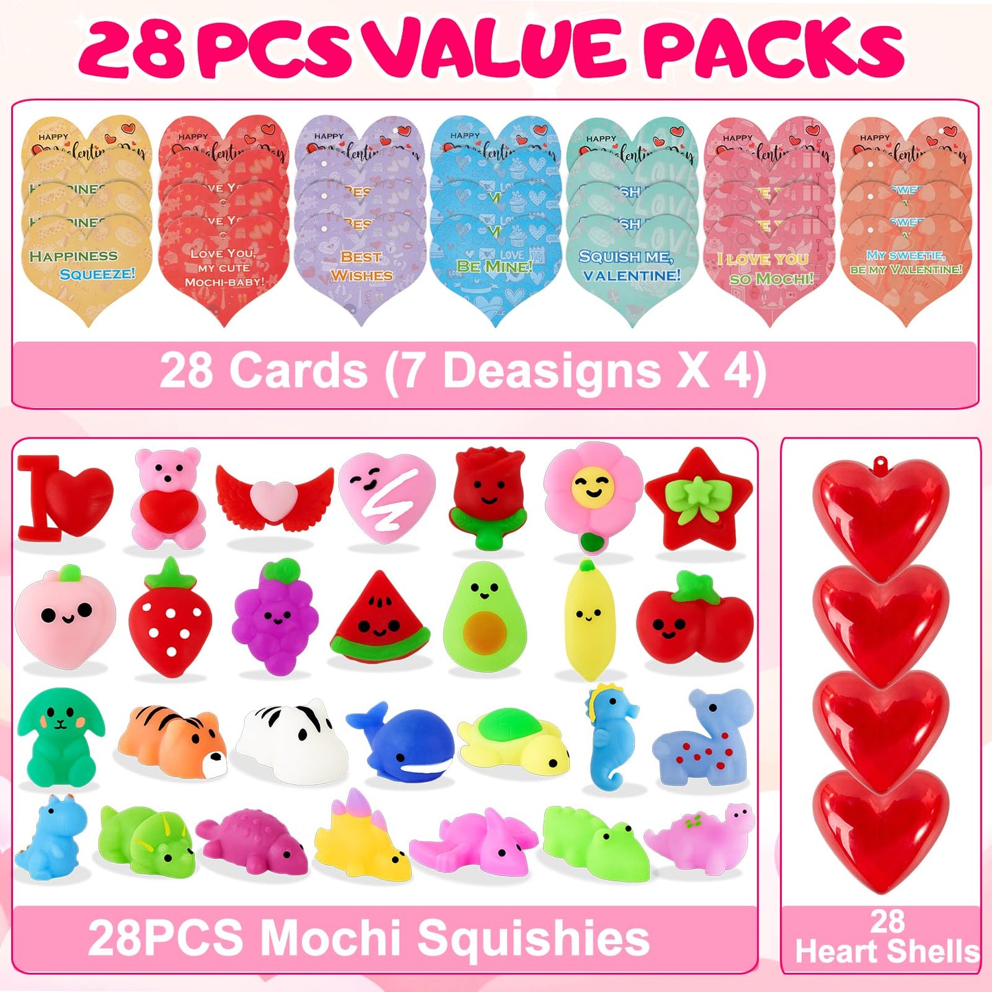 Budbof 28-Pack Valentines Day Gifts for Kids – Mochi Squishies with Cards & Party Favors