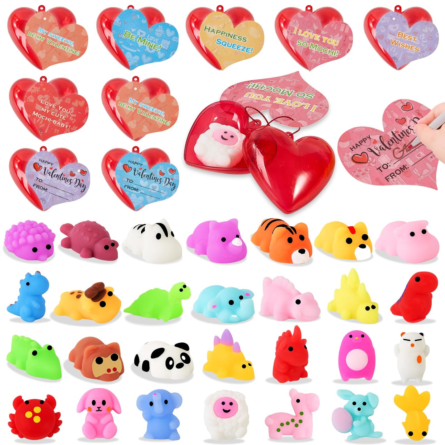 Budbof 28-Pack Valentine Gift Set — Cute Mochi Squishy Toys, Heart Boxes & Cards