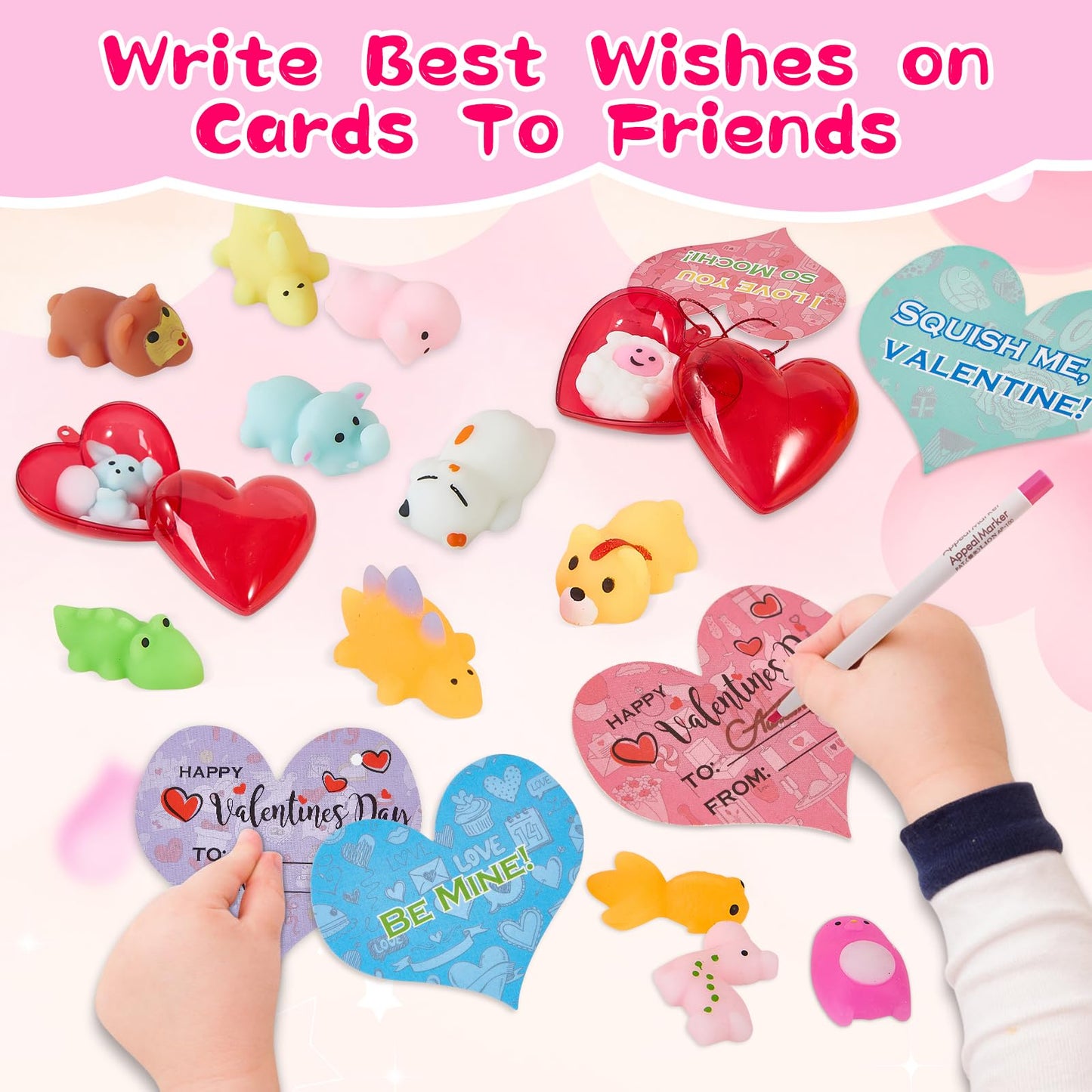 Budbof 28-Pack Valentine Gift Set — Cute Mochi Squishy Toys, Heart Boxes & Cards