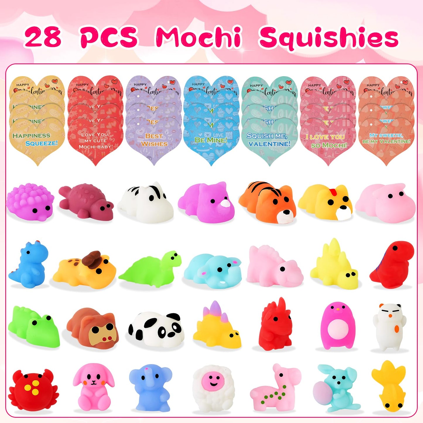 Budbof 28-Pack Valentine Gift Set — Cute Mochi Squishy Toys, Heart Boxes & Cards