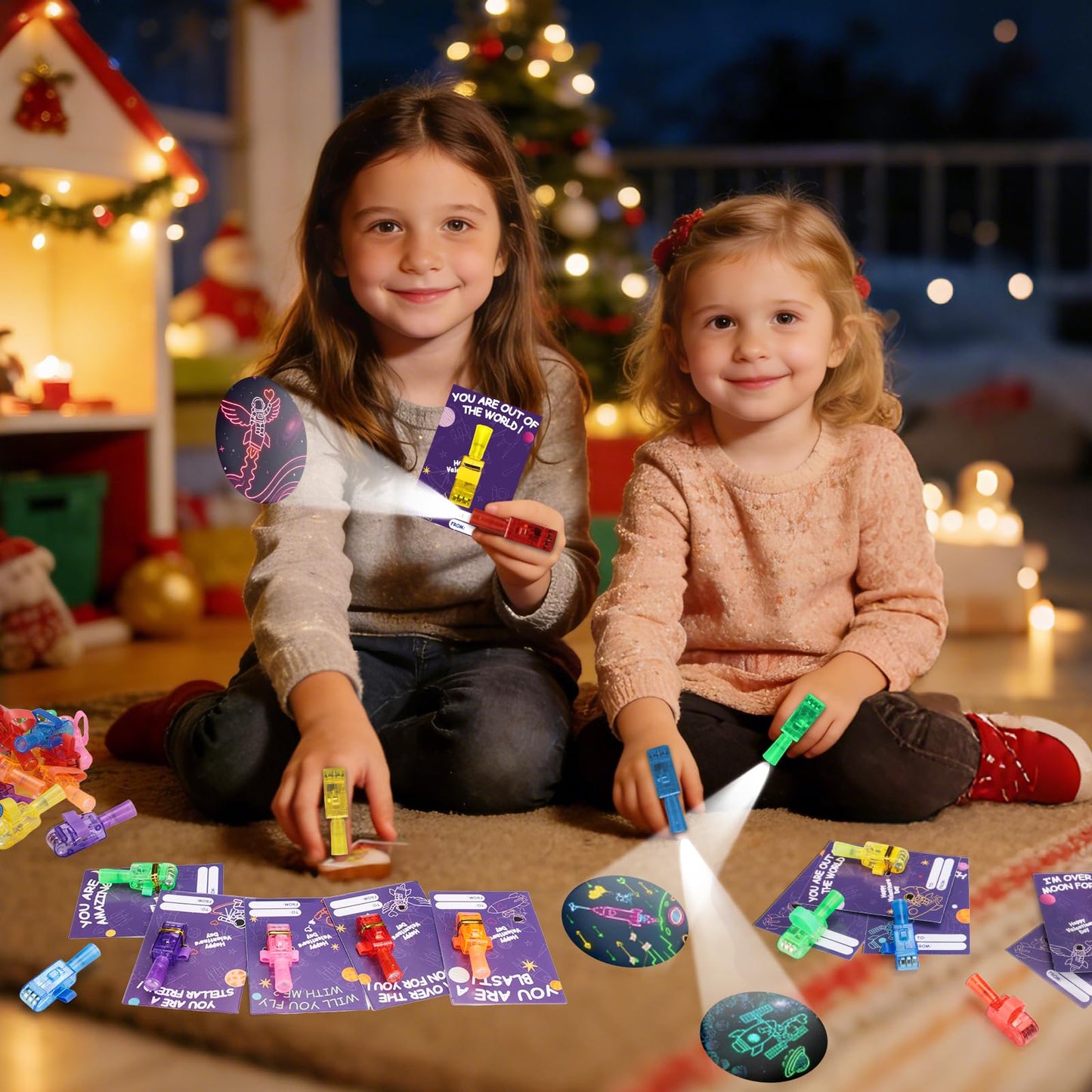 Budbof 28-Pack LED Finger Lights & Valentines Cards for Classroom Gifts
