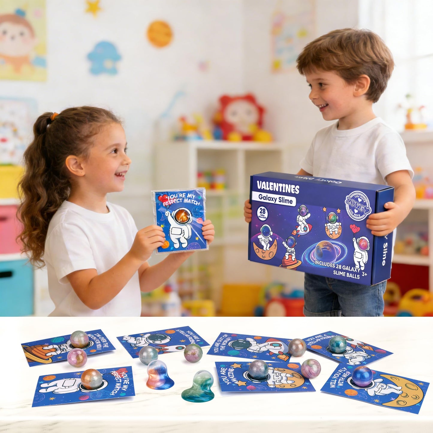 Budbof 28-Pack Galaxy Slime Valentines Gift Set for Kids – Space-Themed Cards & Fidget Toys