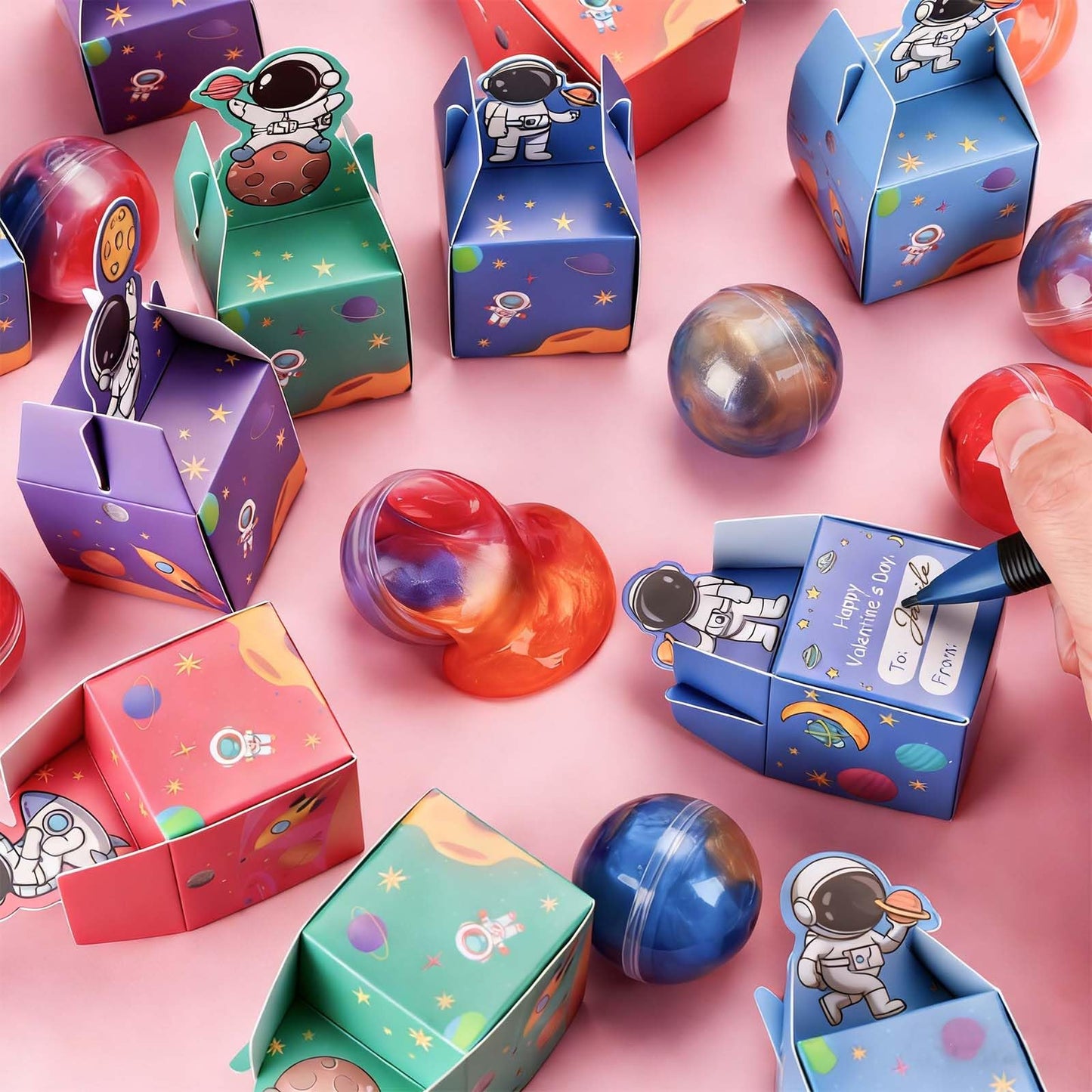 Budbof 28-Pack Valentines Galaxy Slime with Space Gift Boxes & Cards – Classroom Favors