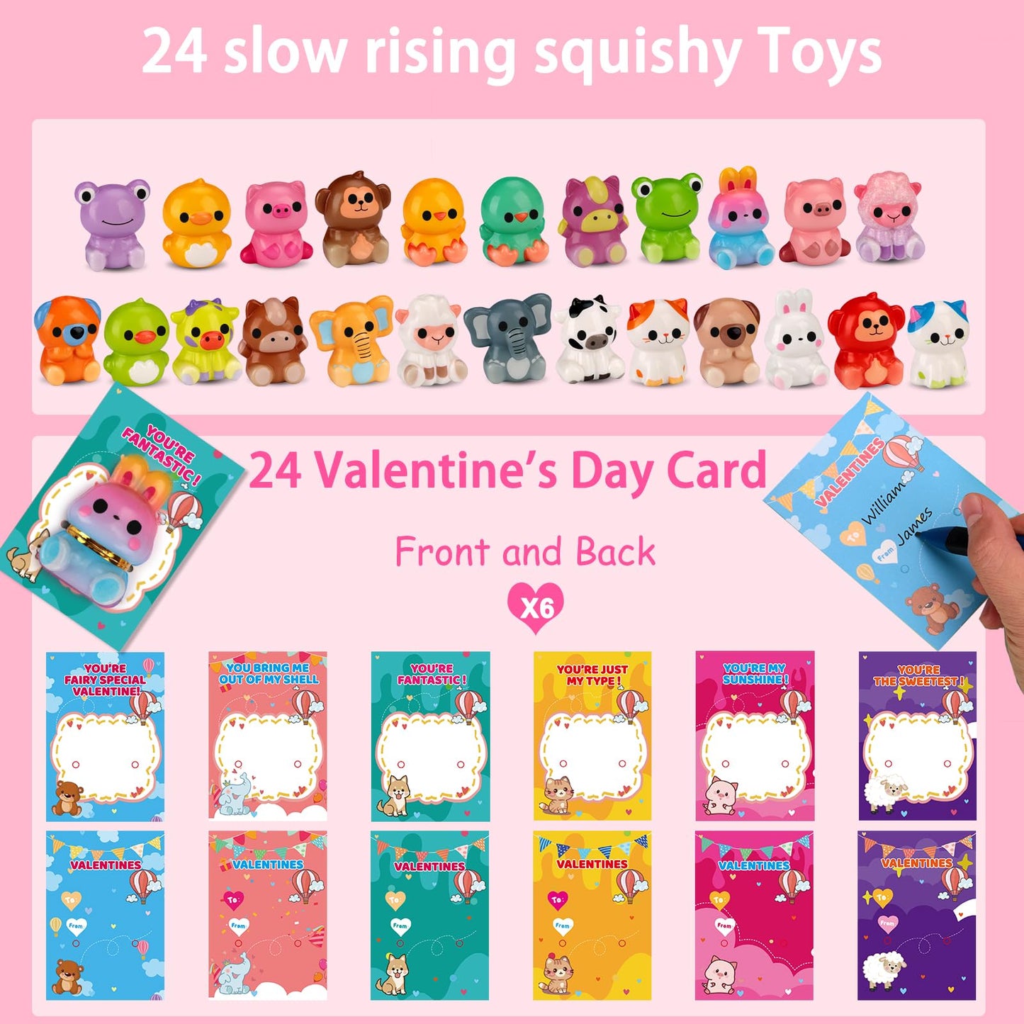 Budbof Valentines Day Gifts for Kids – 24-Pack Animal Squishy Toys & Cards