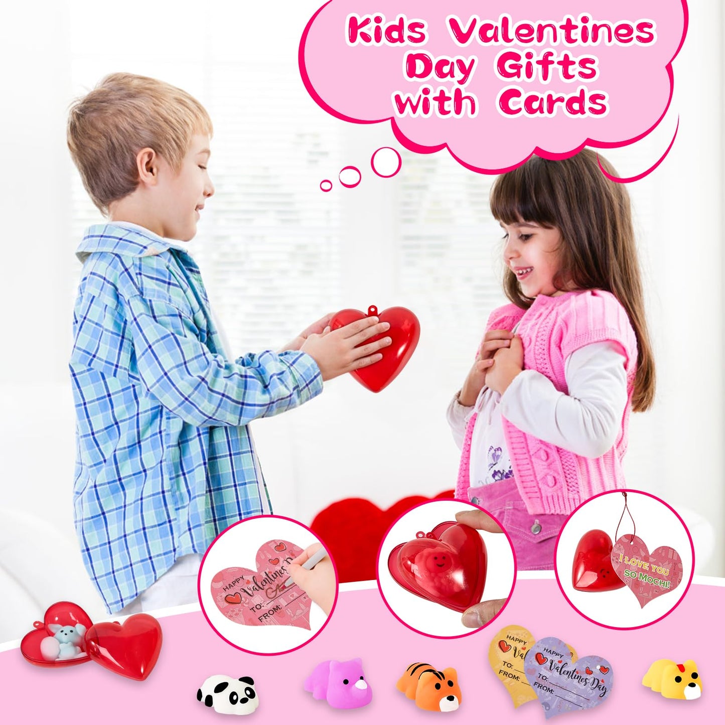 Budbof 28-Pack Valentine Gift Set — Cute Mochi Squishy Toys, Heart Boxes & Cards