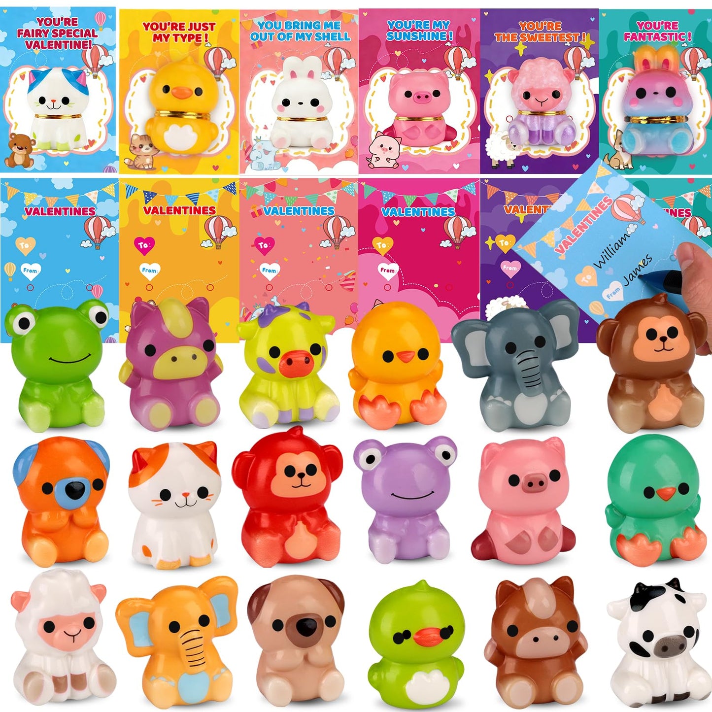 Budbof Valentines Day Gifts for Kids – 24-Pack Animal Squishy Toys & Cards