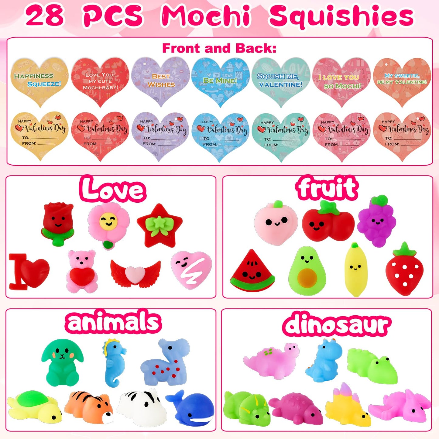Budbof 28-Pack Valentines Day Gifts for Kids – Mochi Squishy Toys, Cards & Heart Boxes