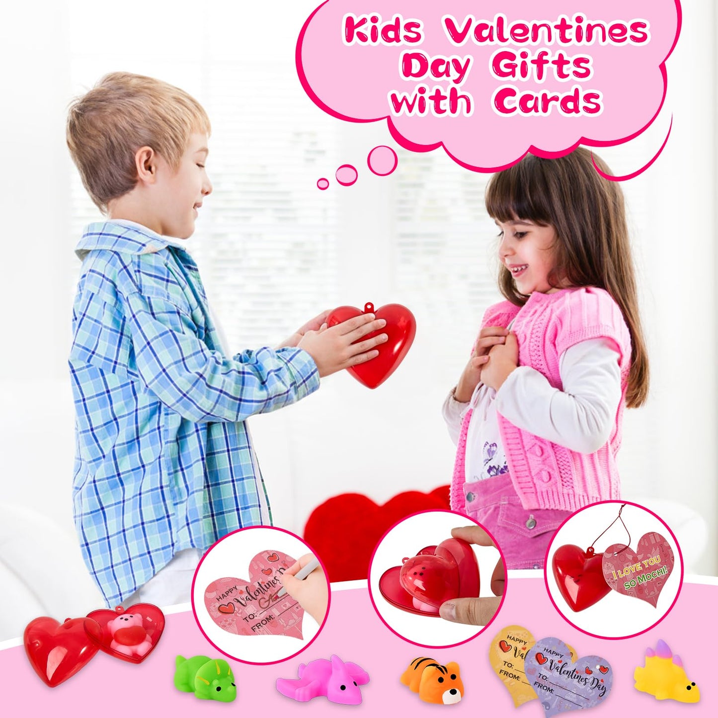 Budbof 28-Pack Valentines Day Gifts for Kids – Mochi Squishy Toys, Cards & Heart Boxes