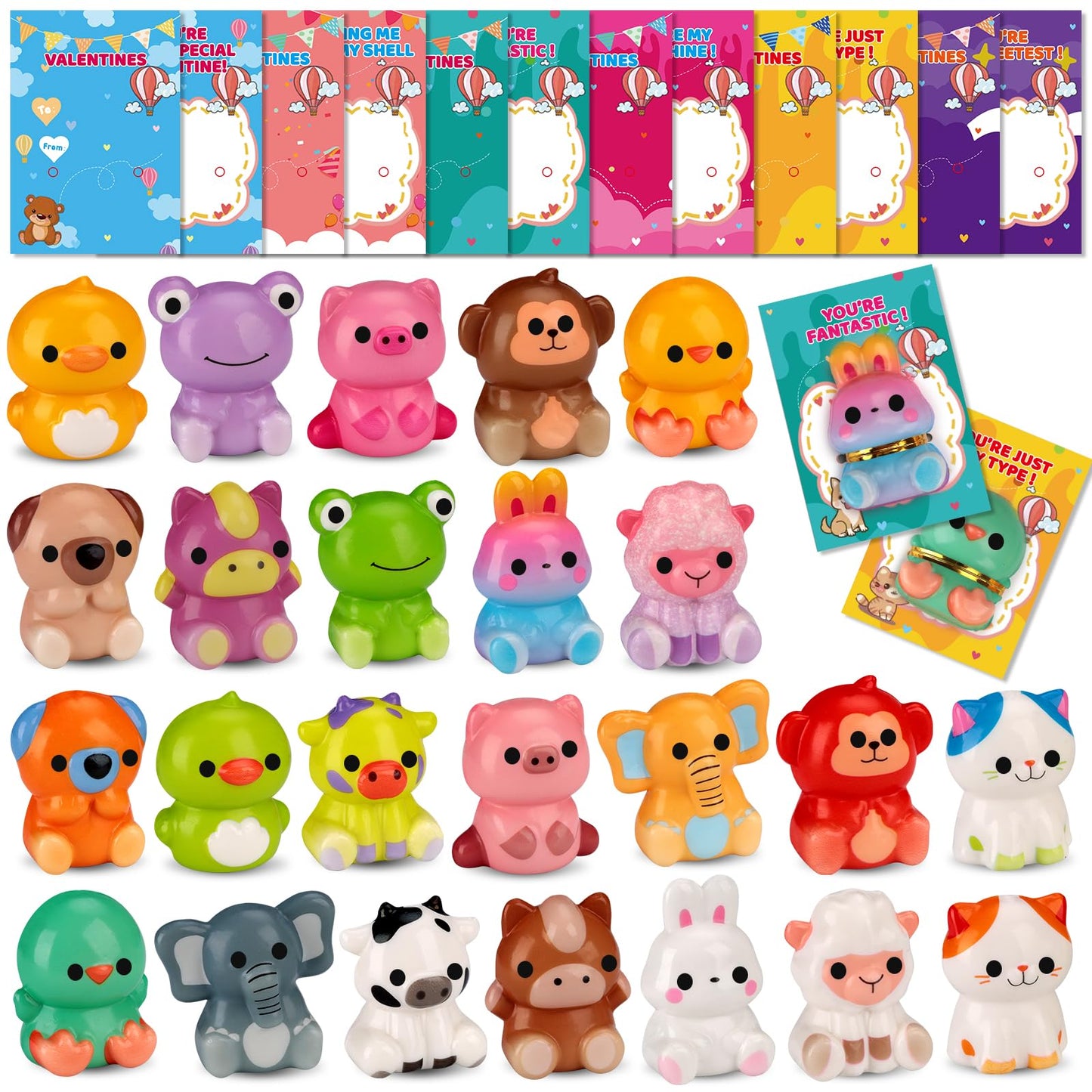 Budbof Valentines Day Gift Set for Kids – 24 Animal Squishy Toys + Cards