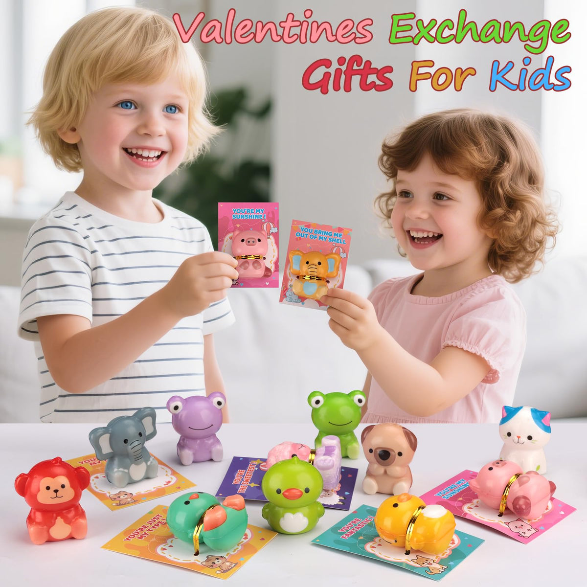 Budbof Valentines Day Gift Set for Kids – 24 Animal Squishy Toys + Cards