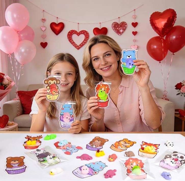 Budbof 28-Pack Valentines Day Gifts for Kids | Mochi Squishies & Cards Set