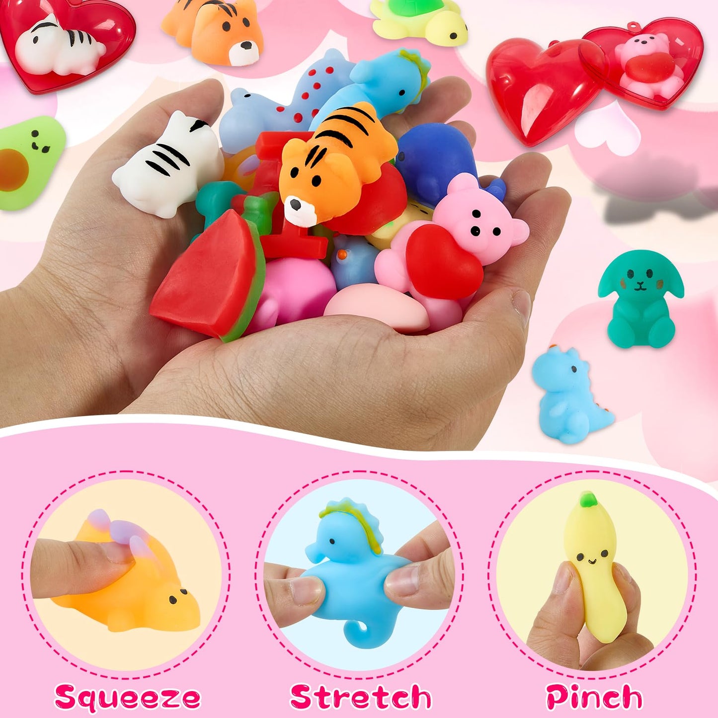 Budbof 28-Pack Valentines Day Gifts for Kids – Mochi Squishy Toys, Cards & Heart Boxes