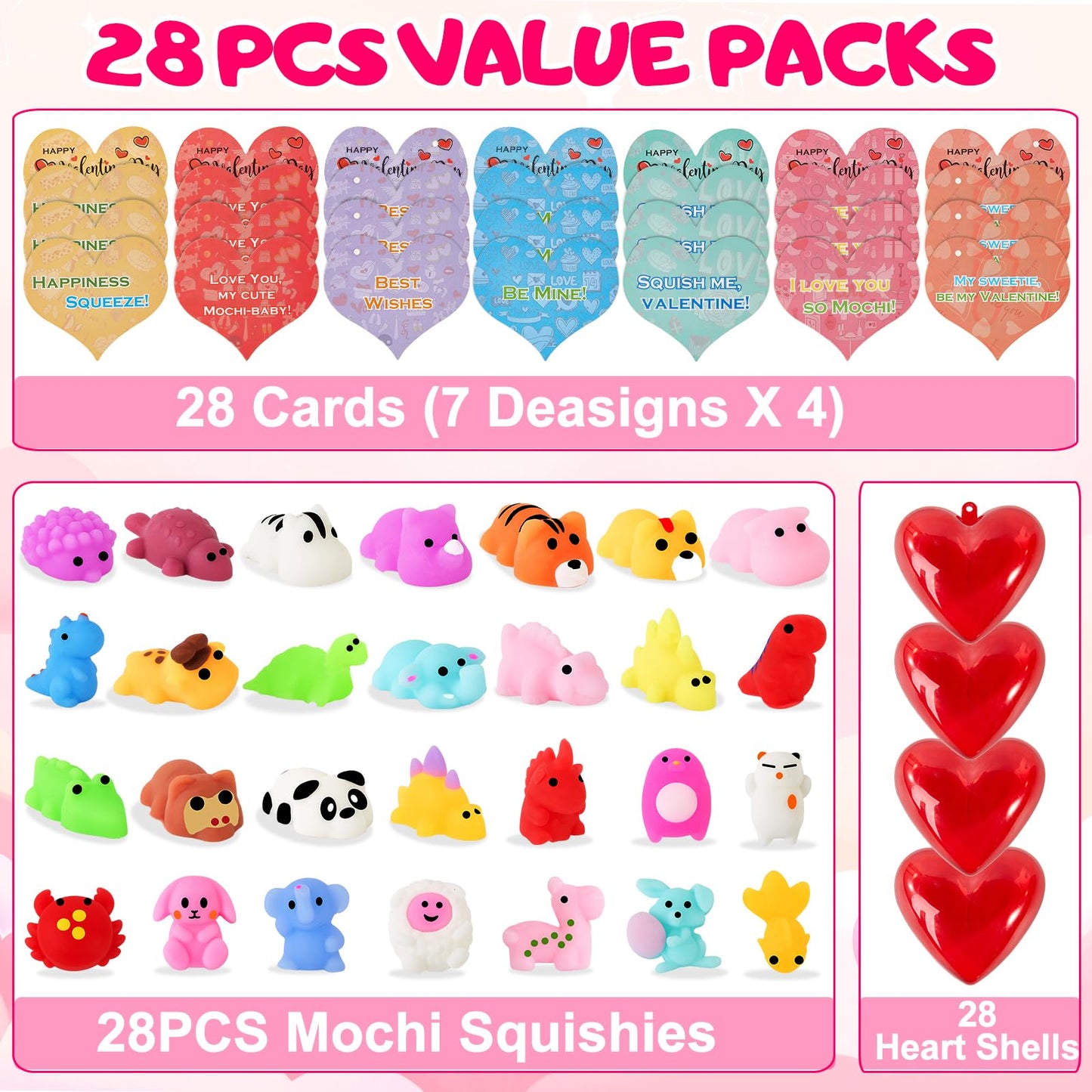 Budbof 28-Pack Valentine’s Day Gifts for Kids: Mochi Squishies, Heart Boxes & Cards for Classroom Exchanges