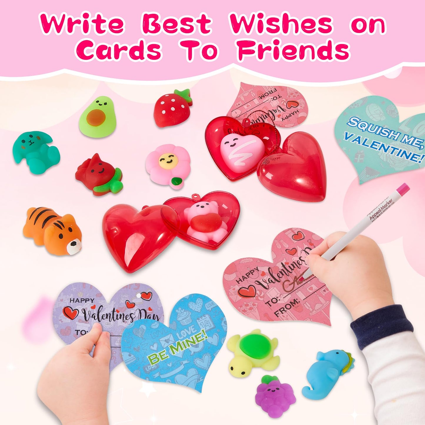 Budbof 28-Pack Valentines Day Gifts for Kids – Mochi Squishy Toys, Cards & Heart Boxes