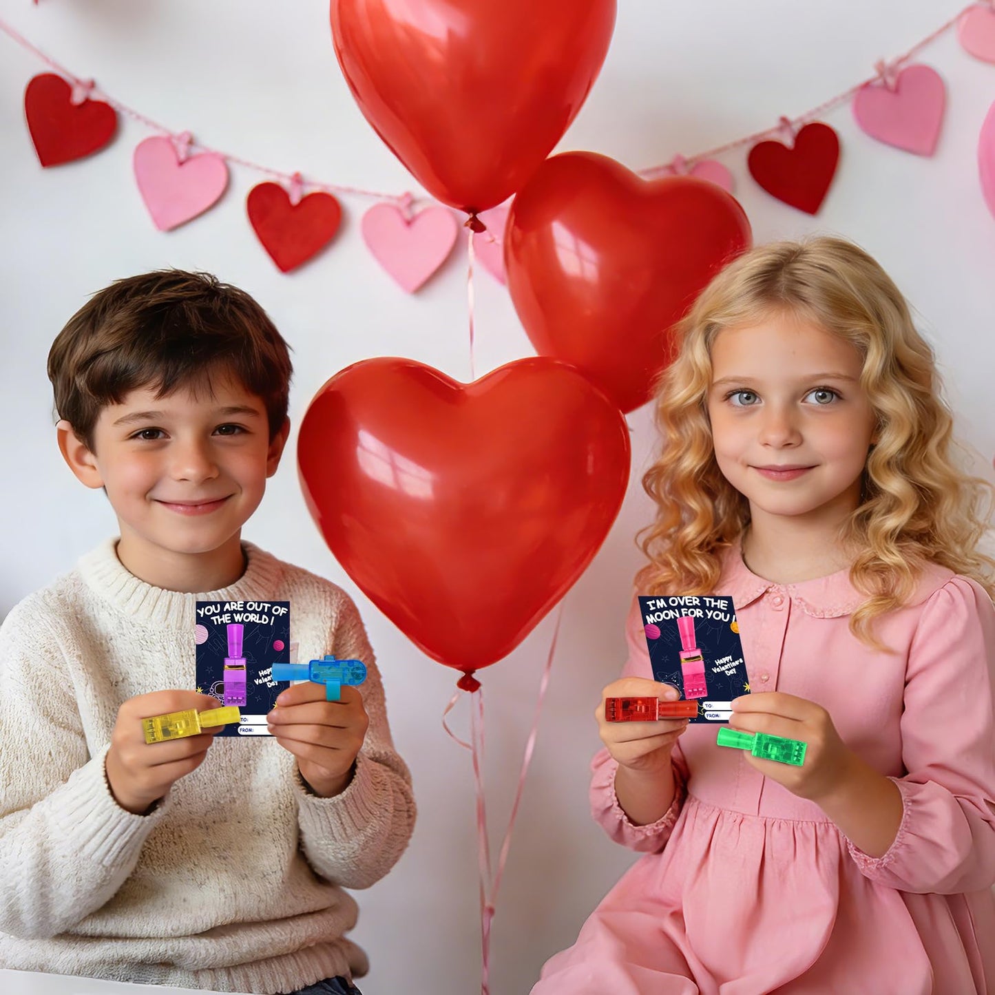 Budbof 28-Pack Valentines LED Finger Lights with Cards | Classroom Party Favors