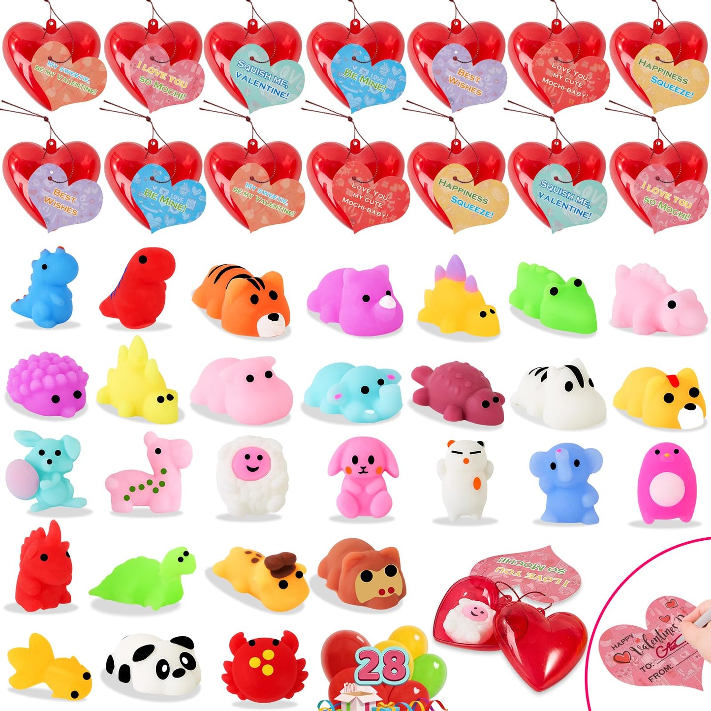 Budbof 28-Pack Valentine’s Day Gifts for Kids: Mochi Squishies, Heart Boxes & Cards for Classroom Exchanges
