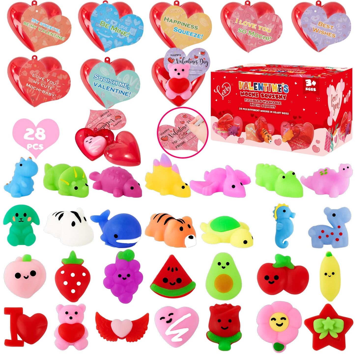 Budbof 28-Pack Valentines Day Gifts for Kids – Mochi Squishy Toys, Cards & Heart Boxes