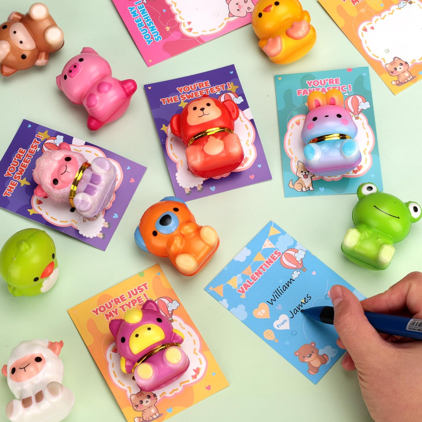 Budbof Valentines Day Gift Set for Kids – 24 Animal Squishy Toys + Cards