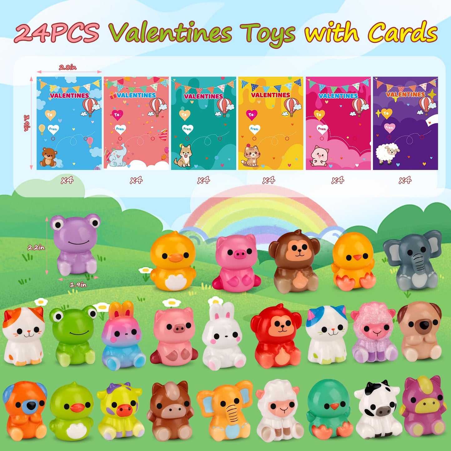 Budbof Valentines Day Gift Set for Kids – 24 Animal Squishy Toys + Cards