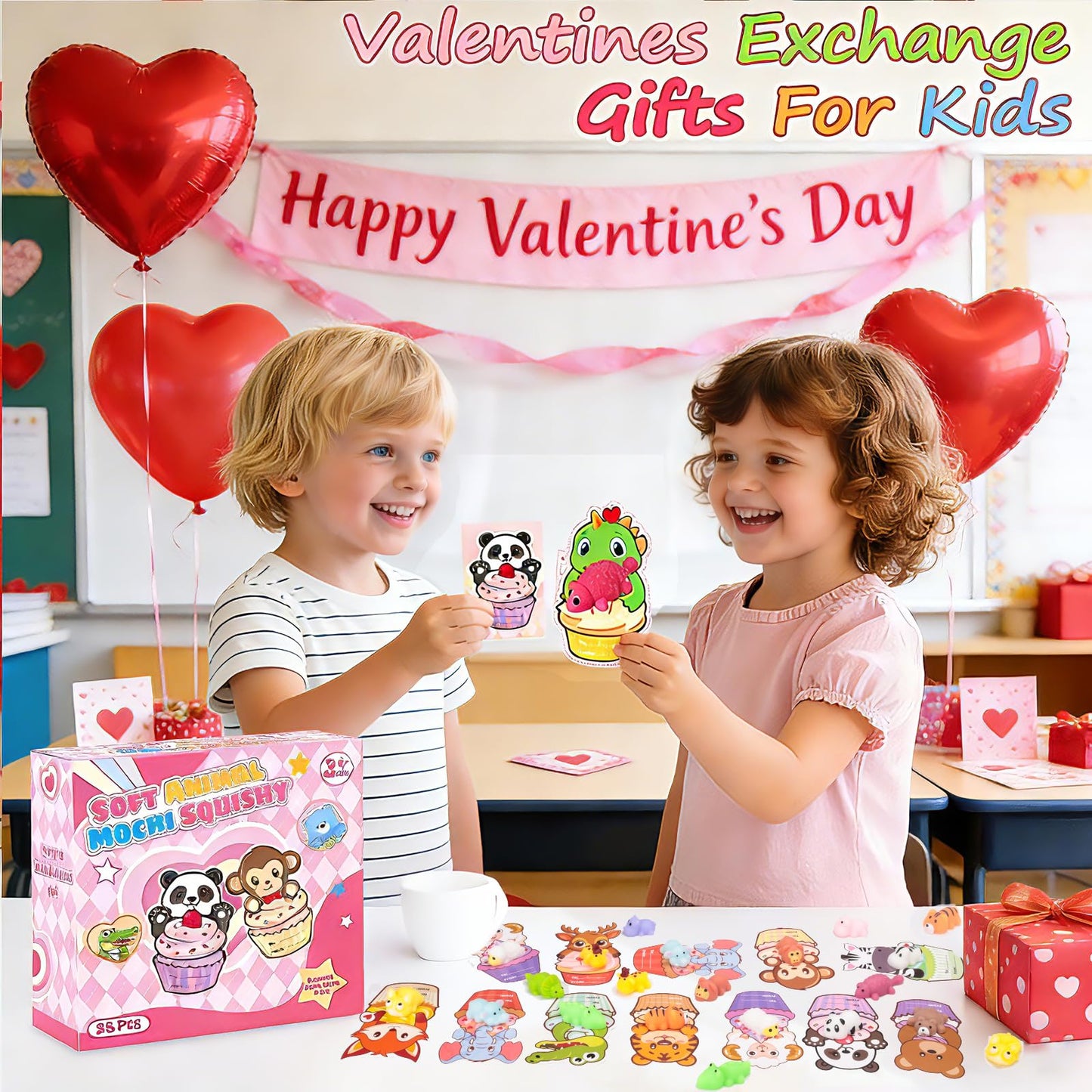 Budbof 28-Pack Valentines Mochi Squishies with Cards | Classroom Gifts & Party Favors