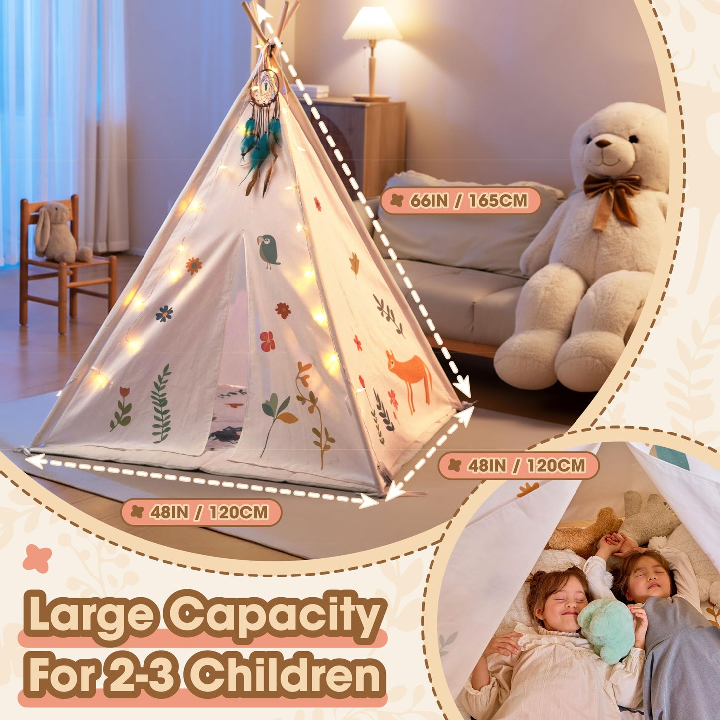 BUDDGO Teepee Tent for Kids – Dream Catcher, Colorful Flags, Thick Mat & Storage Pockets