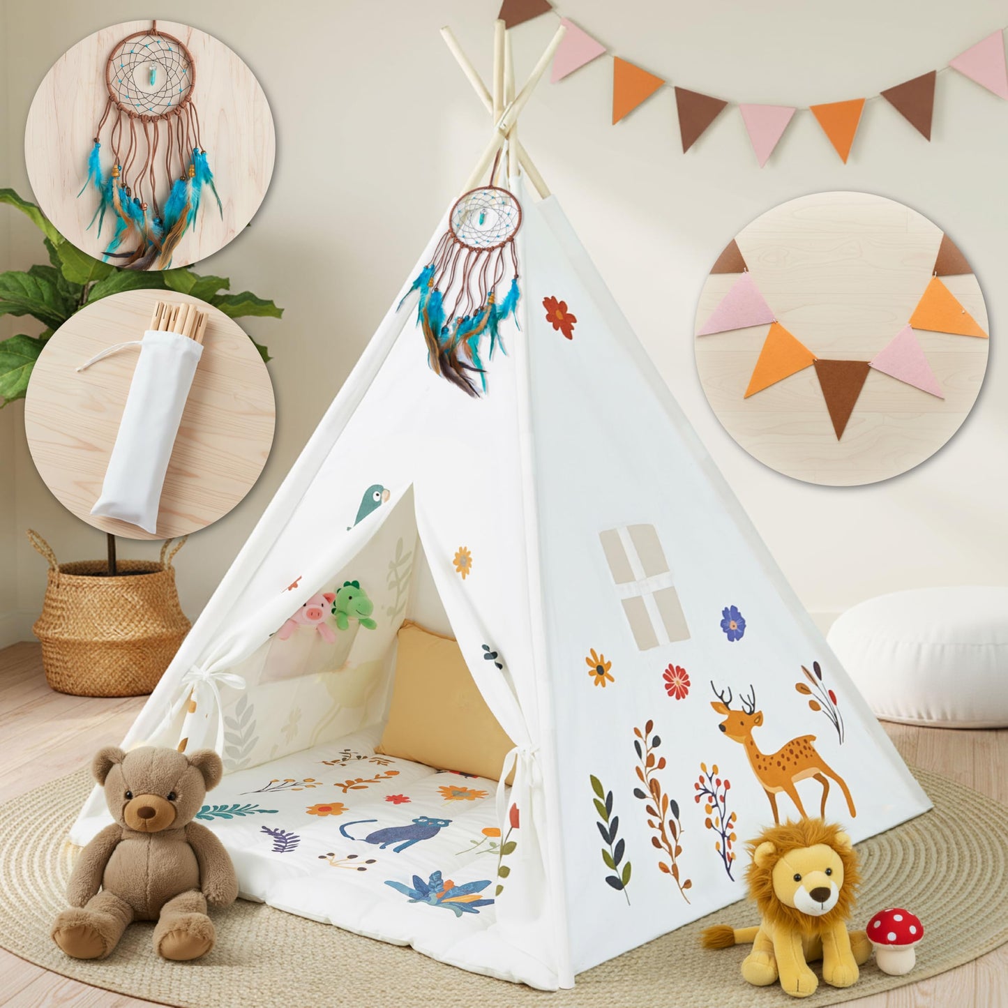 BUDDGO Teepee Tent for Kids – Dream Catcher, Colorful Flags, Thick Mat & Storage Pockets