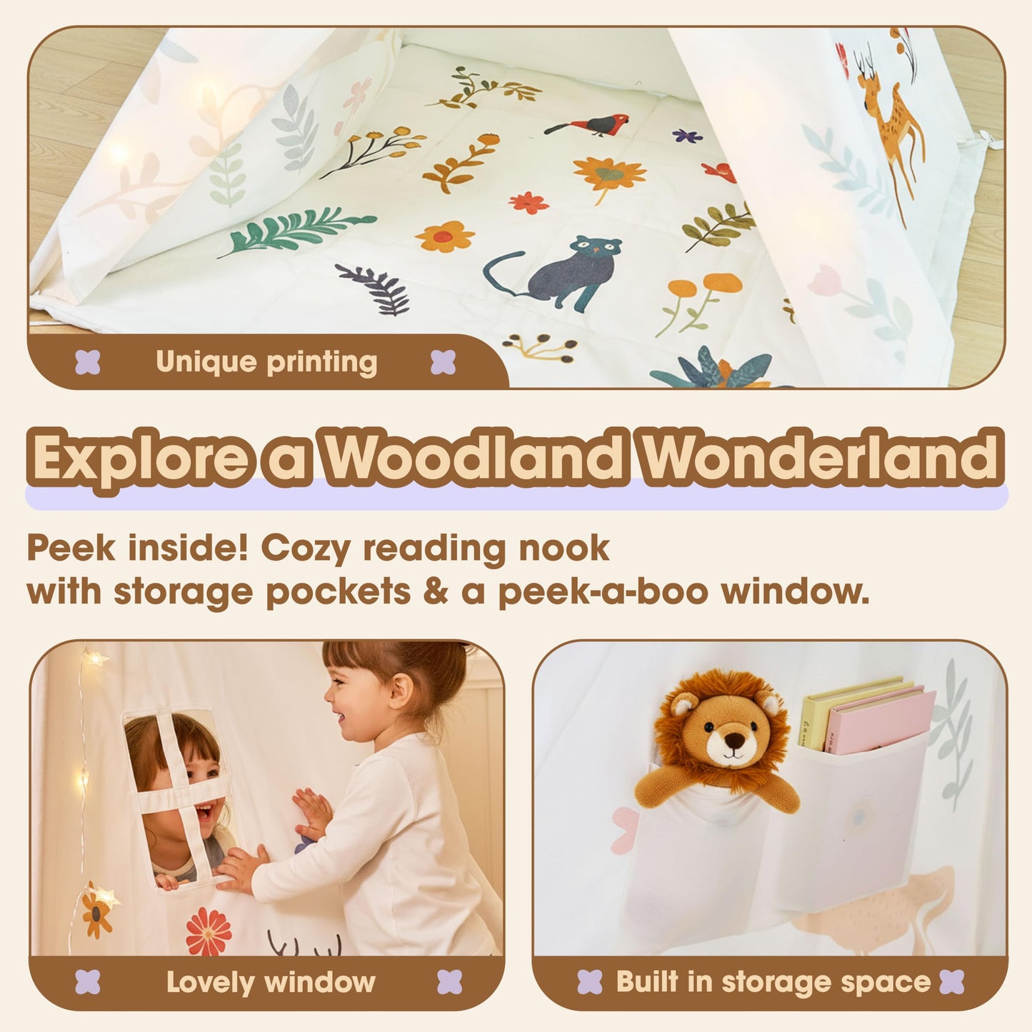 BUDDGO Teepee Tent for Kids – Dream Catcher, Colorful Flags, Thick Mat & Storage Pockets
