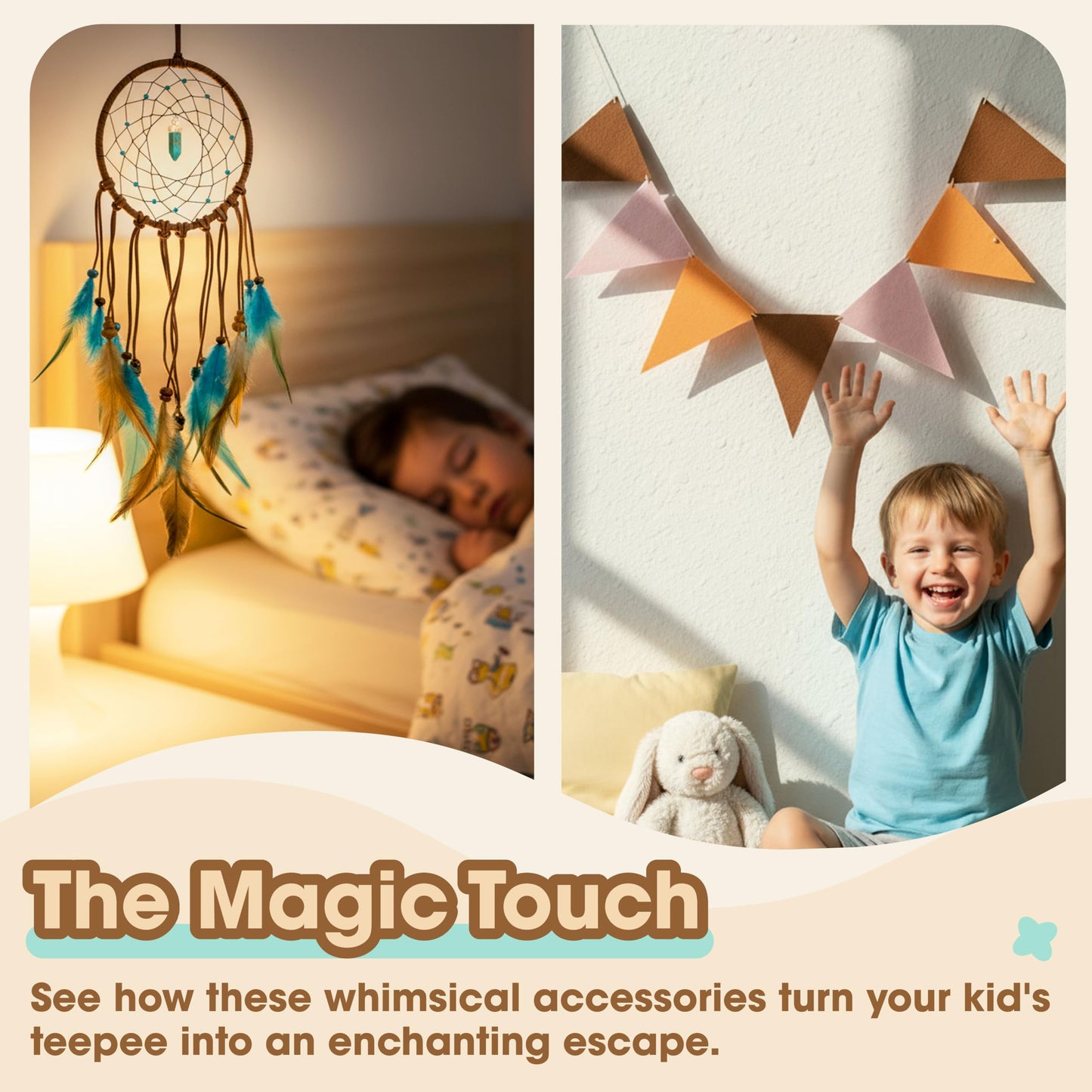 BUDDGO Teepee Tent for Kids – Dream Catcher, Colorful Flags, Thick Mat & Storage Pockets