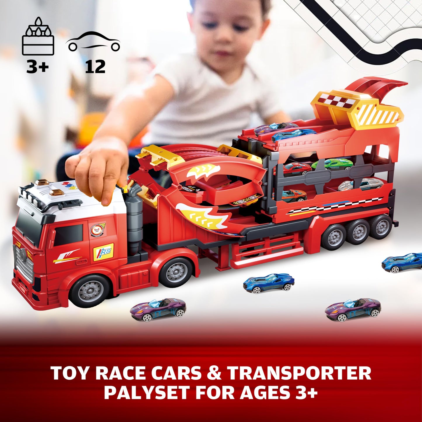 BuddyBight 3in1 Carrier Truck Race Track – 12 Die-Cast Cars, 45-Inch Foldable Track