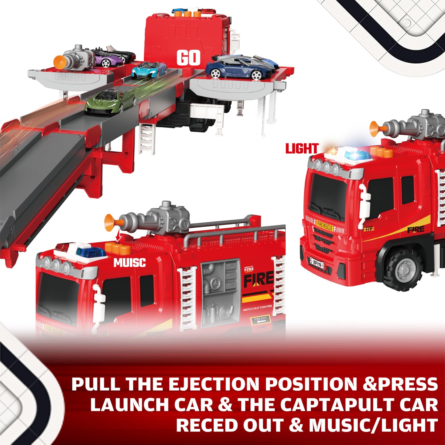 BuddyBight 3-in-1 Fire Truck Toy with Foldable Race Track & 12 Diecast Cars – Lights & Sounds