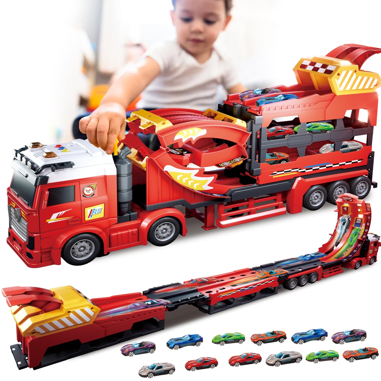 BuddyBight 3in1 Carrier Truck Race Track – 12 Die-Cast Cars, 45-Inch Foldable Track