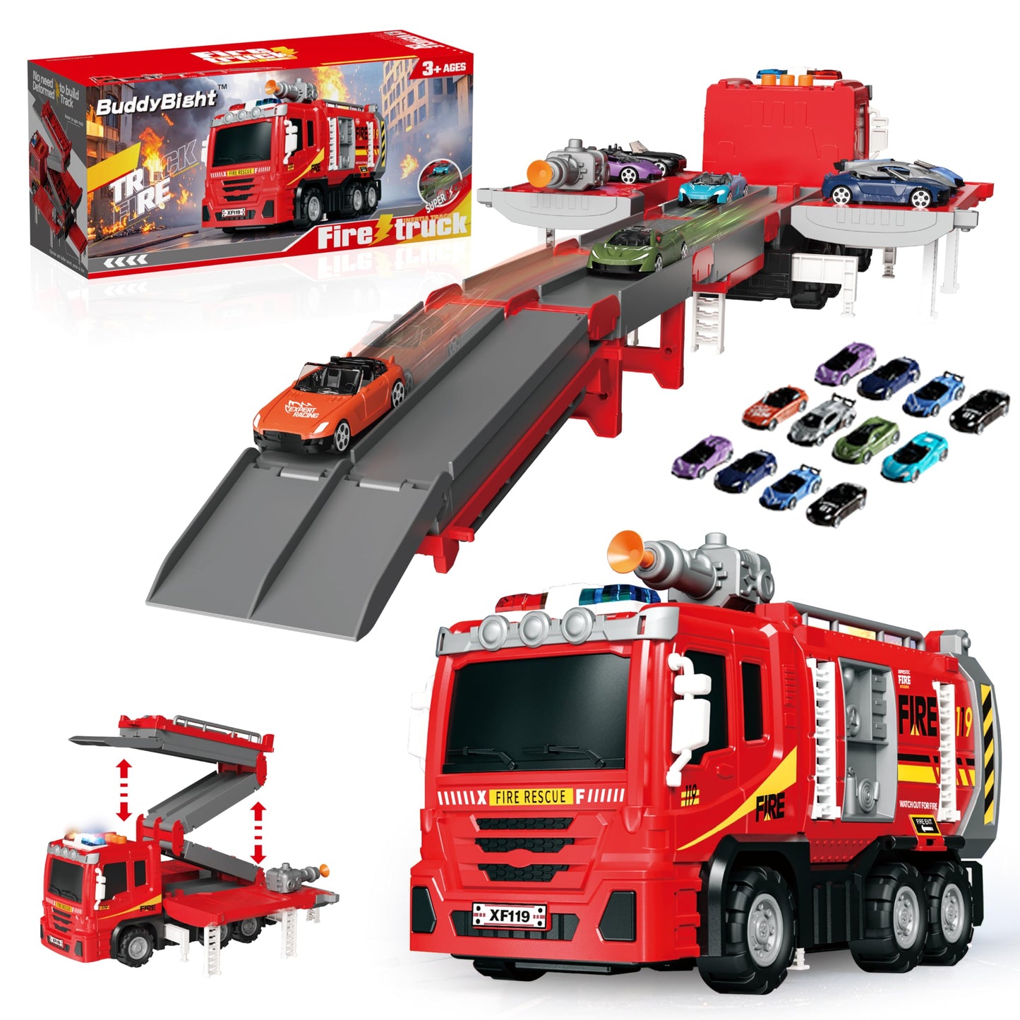 BuddyBight 3-in-1 Fire Truck Toy with Foldable Race Track & 12 Diecast Cars – Lights & Sounds
