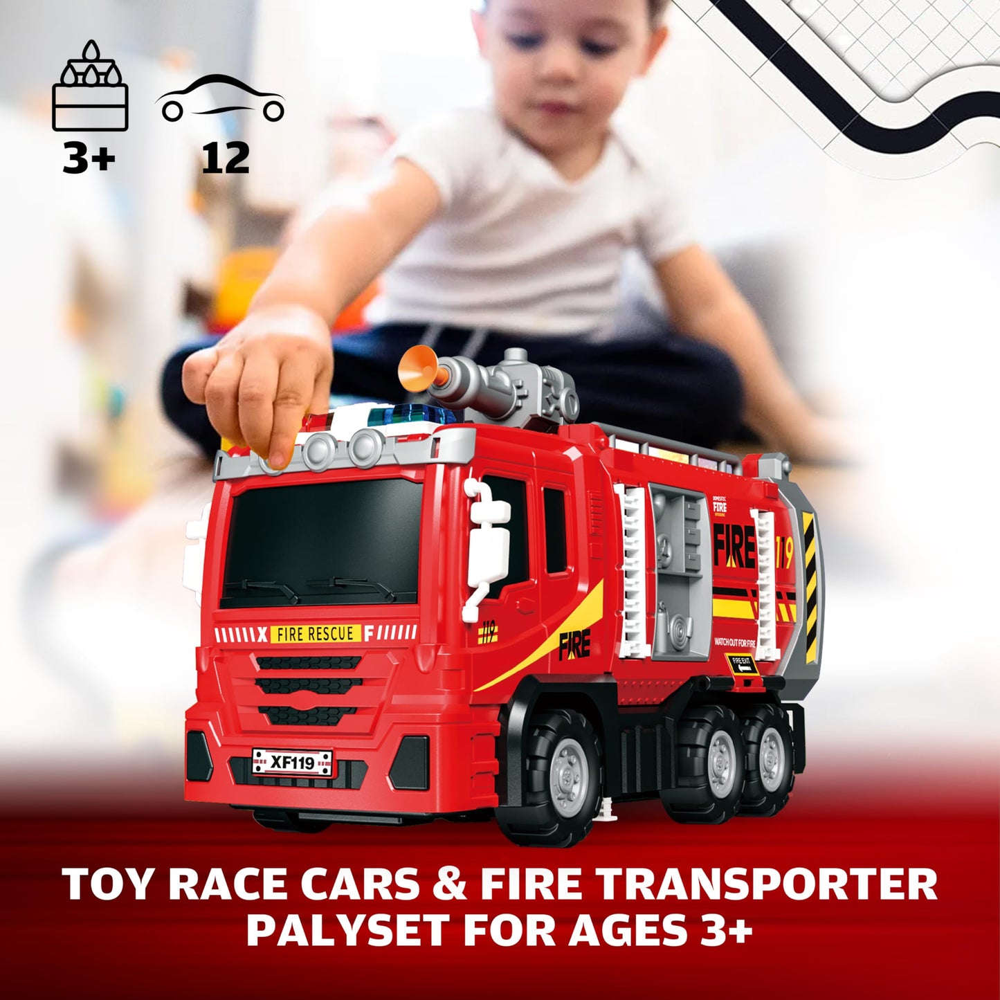 BuddyBight 3-in-1 Fire Truck Toy with Foldable Race Track & 12 Diecast Cars – Lights & Sounds