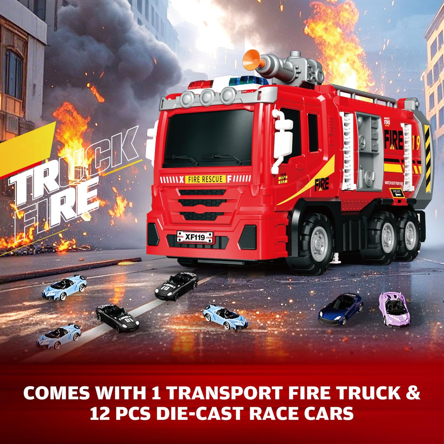 BuddyBight 3-in-1 Fire Truck Toy with Foldable Race Track & 12 Diecast Cars – Lights & Sounds