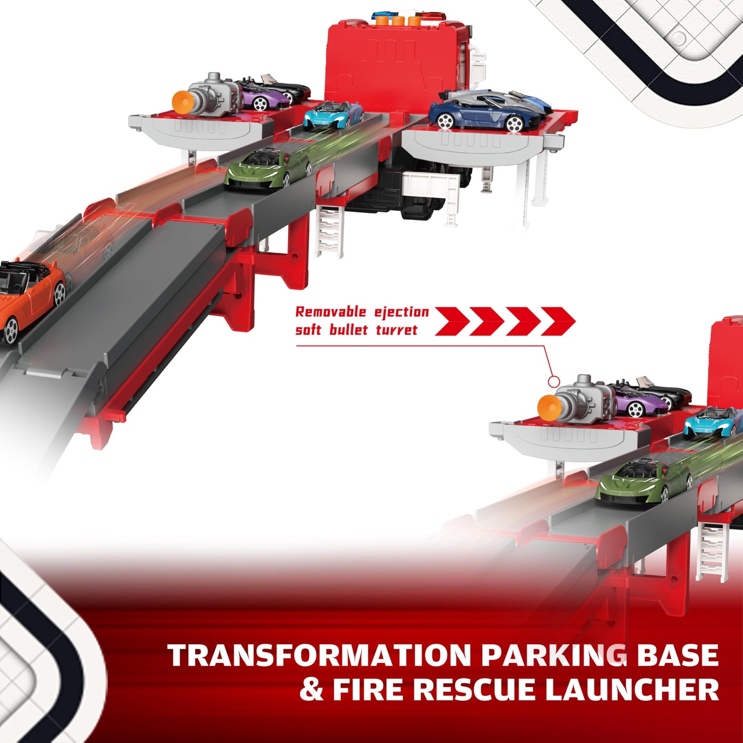 BuddyBight 3-in-1 Fire Truck Toy with Foldable Race Track & 12 Diecast Cars – Lights & Sounds