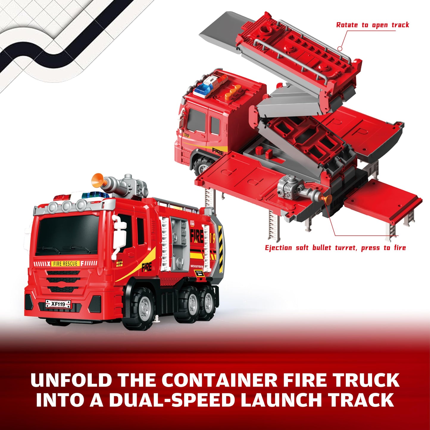 BuddyBight 3-in-1 Fire Truck Toy with Foldable Race Track & 12 Diecast Cars – Lights & Sounds