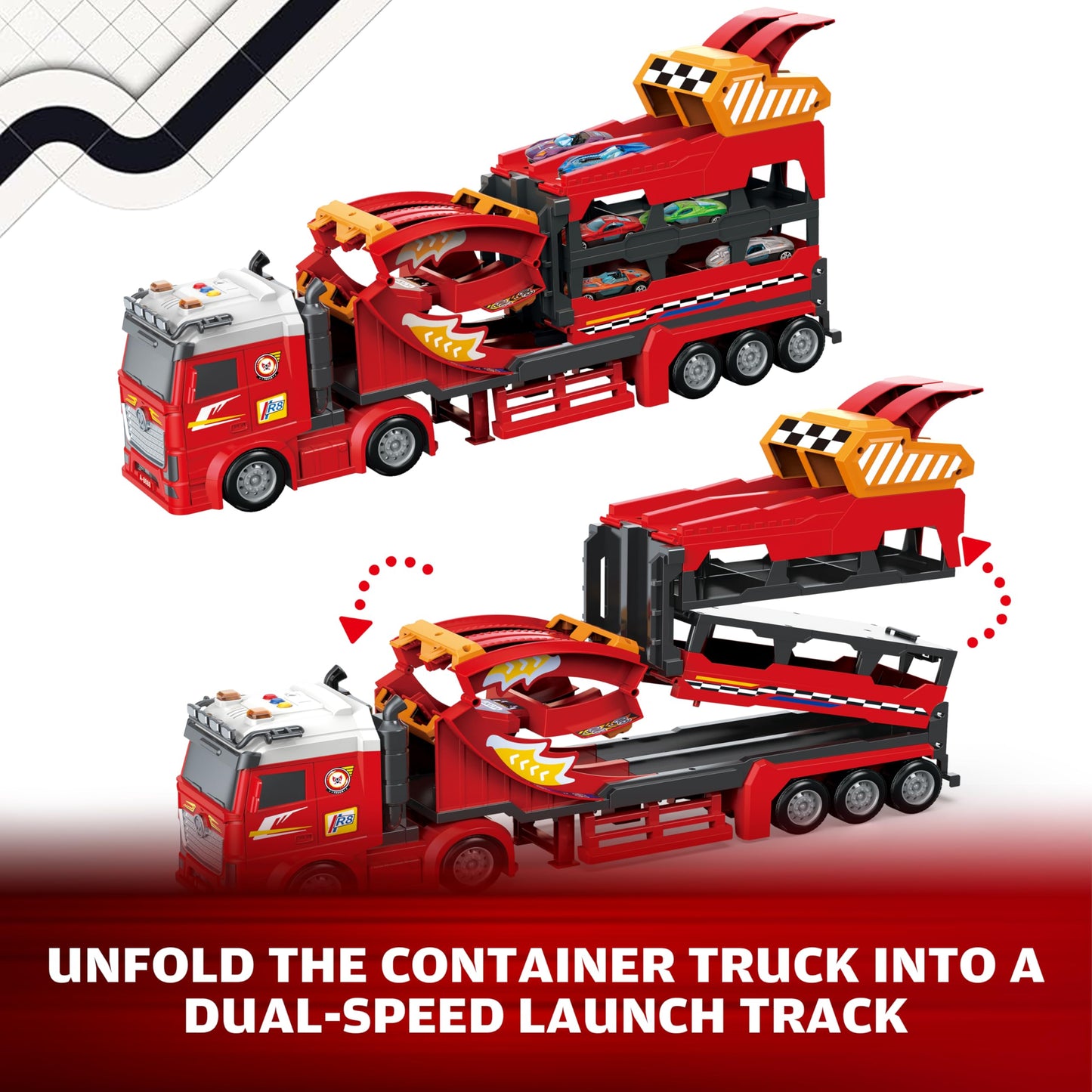 BuddyBight 3in1 Carrier Truck Race Track – 12 Die-Cast Cars, 45-Inch Foldable Track