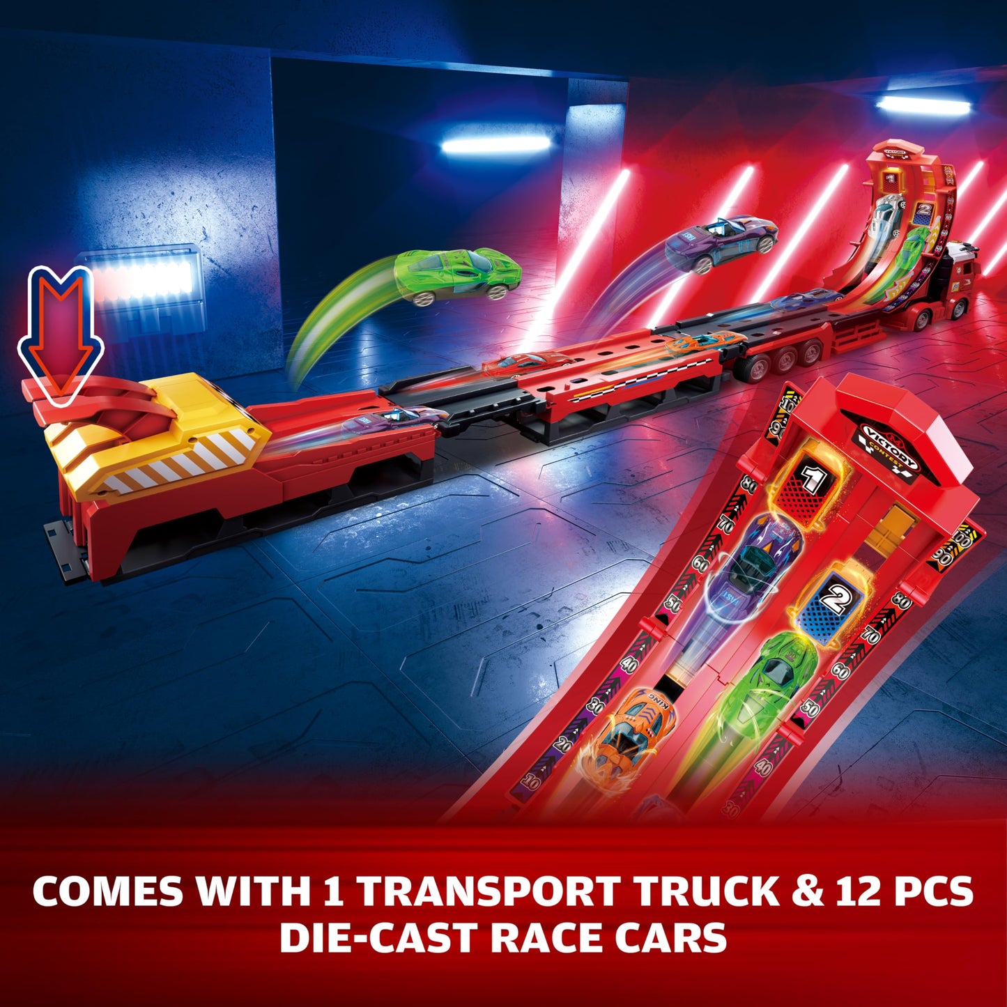 BuddyBight 3in1 Carrier Truck Race Track – 12 Die-Cast Cars, 45-Inch Foldable Track