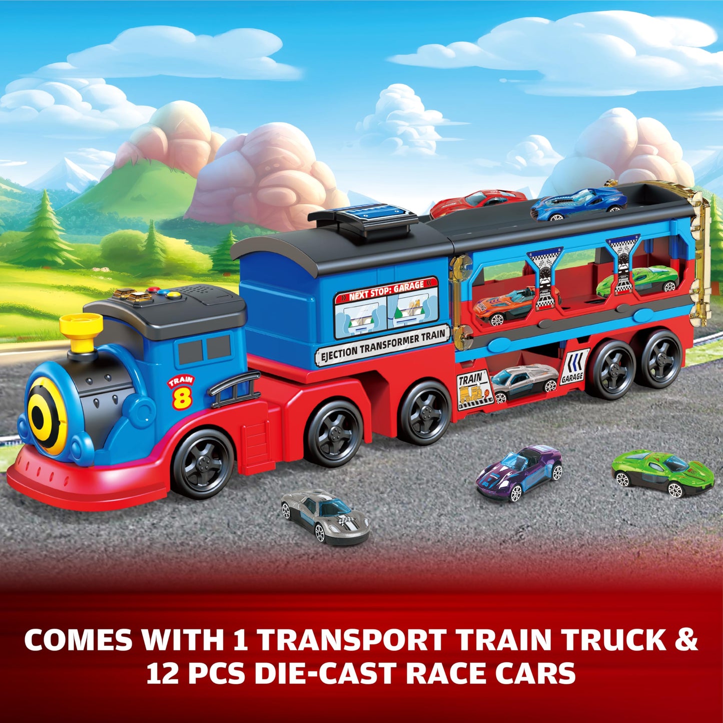 BuddyBight Train Set for Toddlers – Foldable 3-Layer Race Track and 12 Die-Cast Cars
