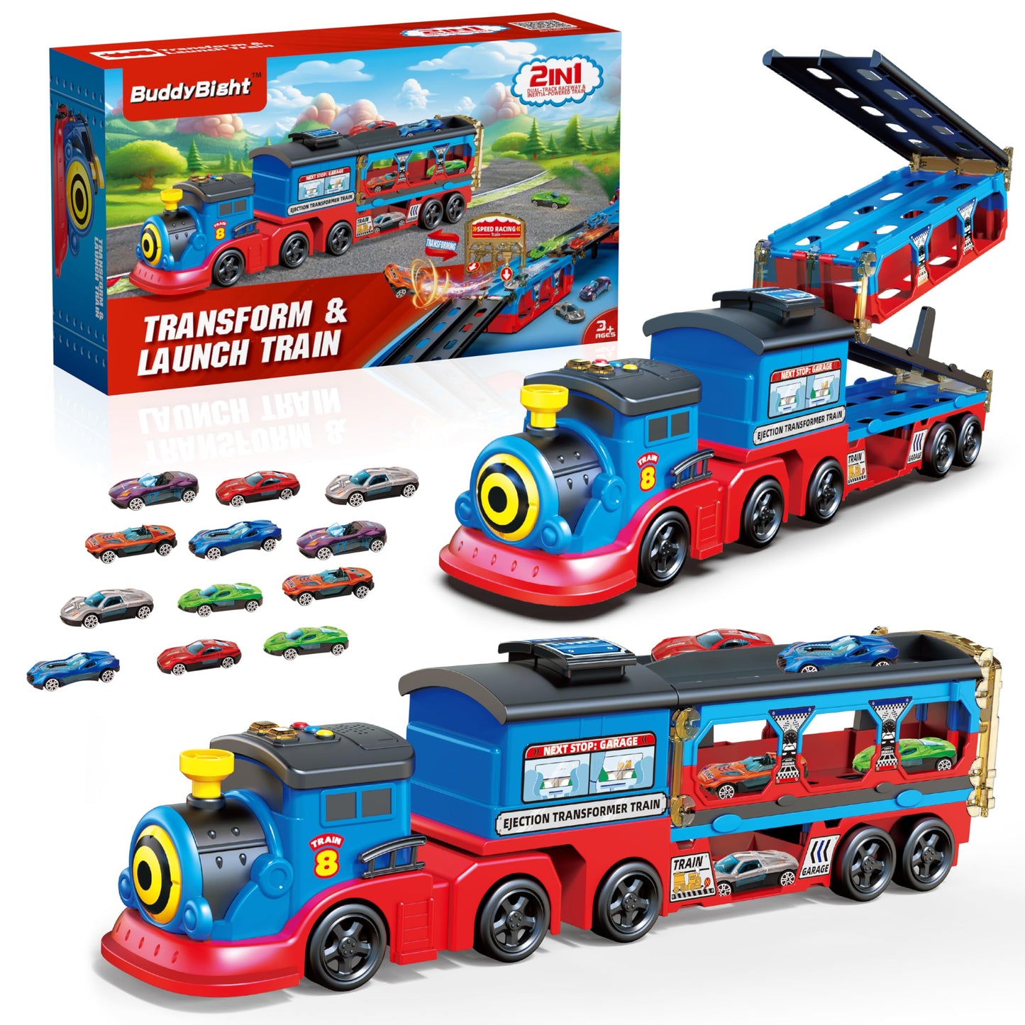 BuddyBight Train Set for Toddlers – Foldable 3-Layer Race Track and 12 Die-Cast Cars