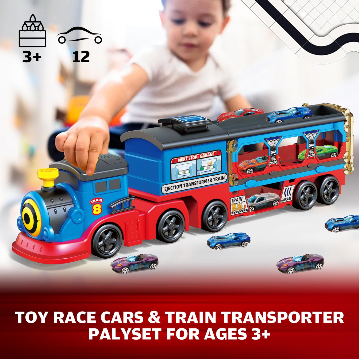 BuddyBight Train Set for Toddlers – Foldable 3-Layer Race Track and 12 Die-Cast Cars