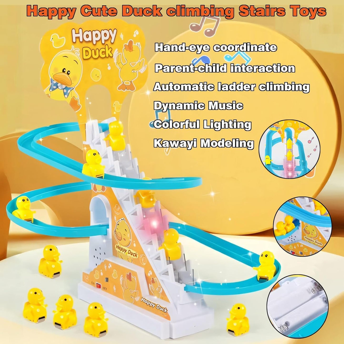 BuerKeo Small Ducks Climbing Toy – LED Duck Race Track with Music Button