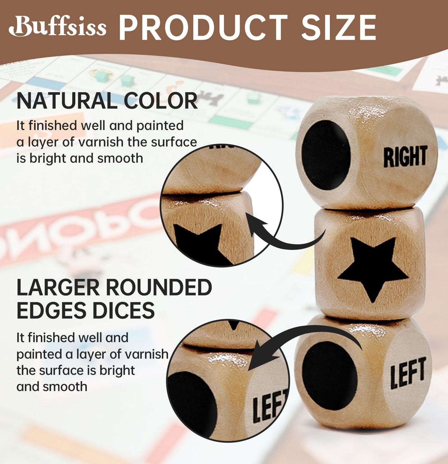 Buffsiss Left Right Center Dice – 16mm Wooden Dice with Drawstring Bag (3-Pack)