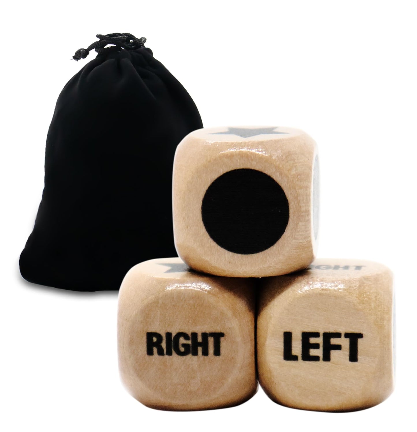 Buffsiss Left Right Center Dice – 16mm Wooden Dice with Drawstring Bag (3-Pack)