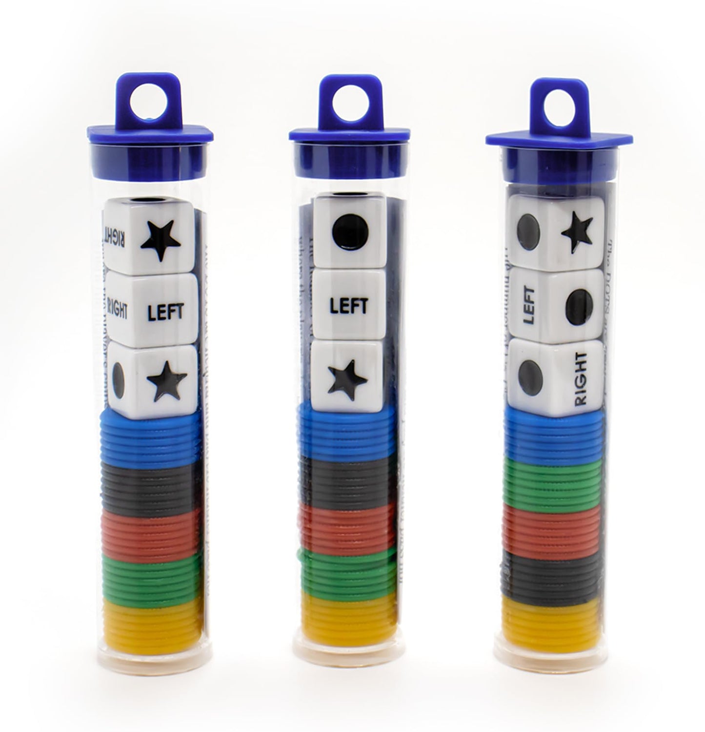 Buffsiss Left Right Center Dice Game Set — Portable 3-Tube Storage for Family & Travel